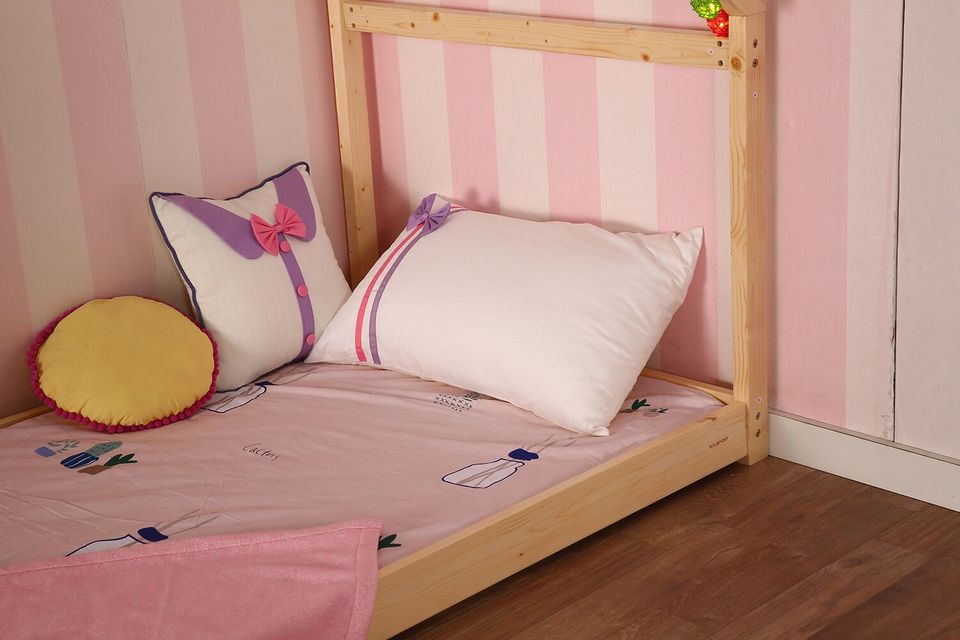 Twin Size Children House Floor Bed Kids Safe Tent Bed Frame Premium Wood Bedroom Furniture