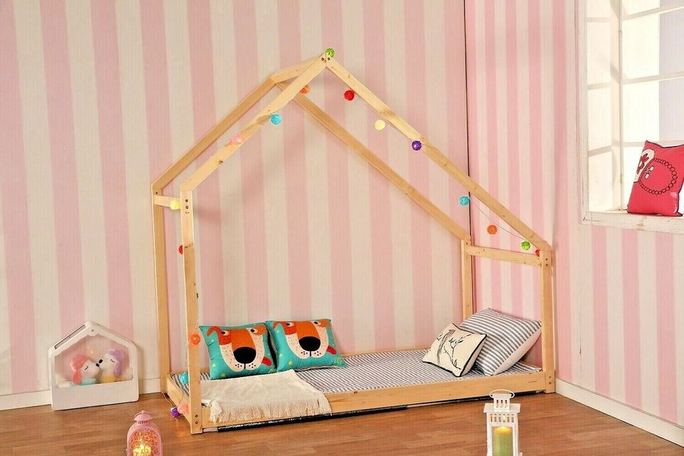 Twin Size Children House Floor Bed Kids Safe Tent Bed Frame Premium Wood Bedroom Furniture