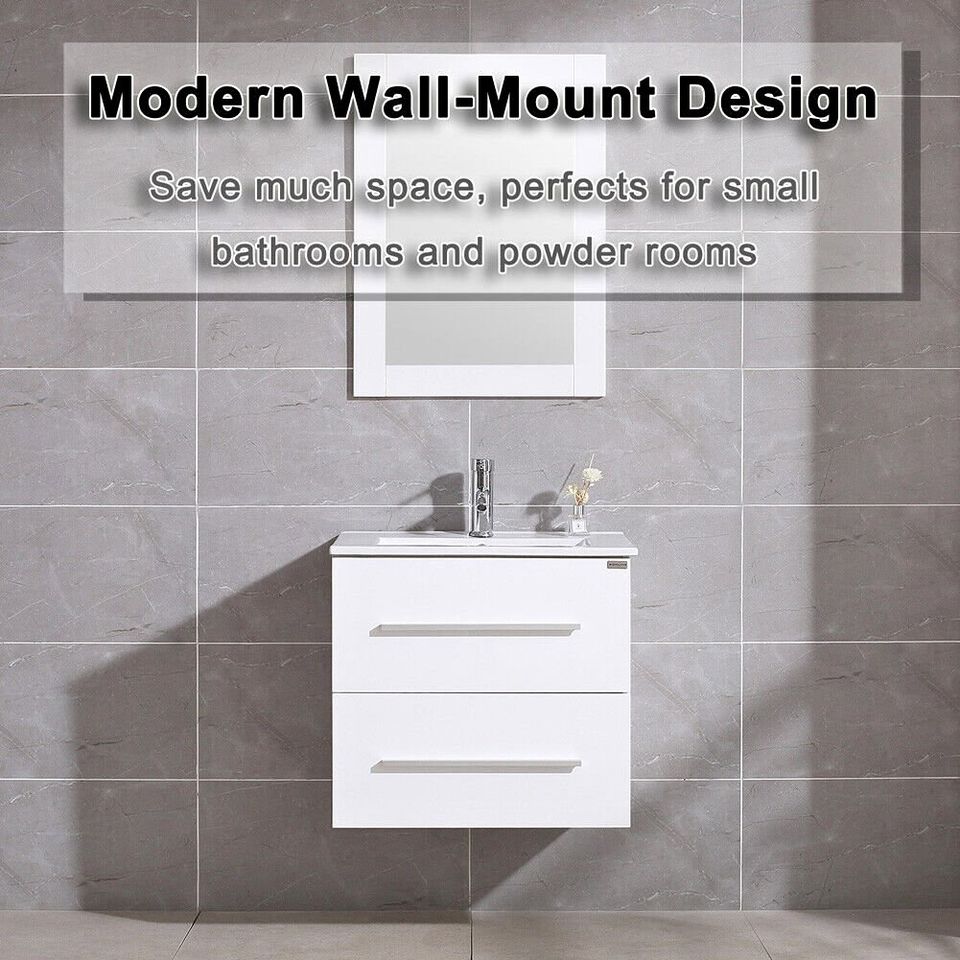 24" Wall Mounted Bathroom Vanity Floating Cabinet w/ Sink Top Faucet White