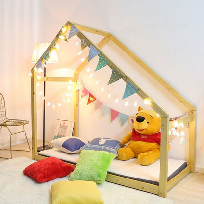 Twin Size Children House Floor Bed Kids Safe Tent Bed Frame Premium Wood Bedroom Furniture