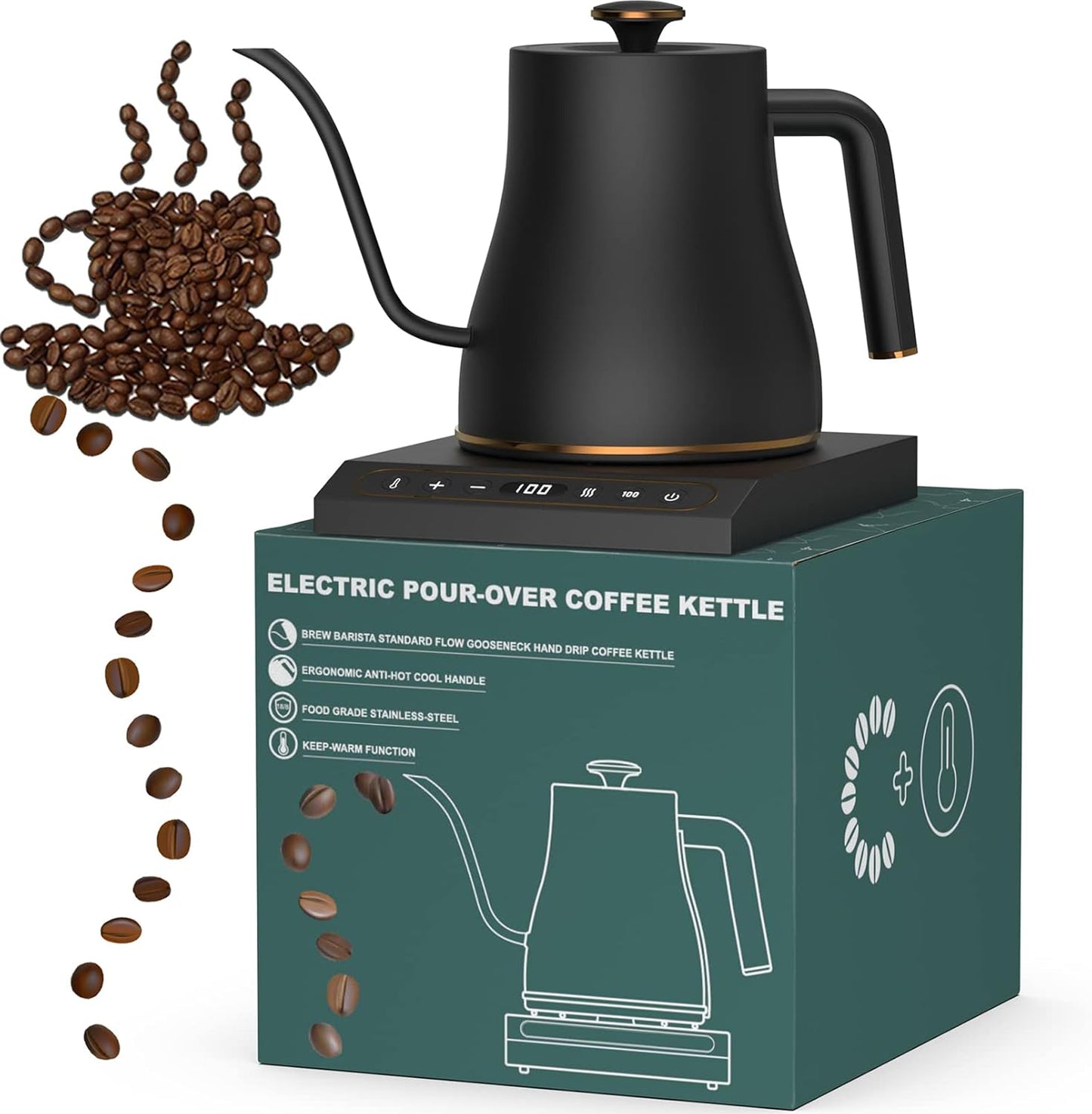 Electric Coffee Kettle 0.8L w/ Temperature Control, Stainless Steel Gooseneck Kettle for Coffee/Tea