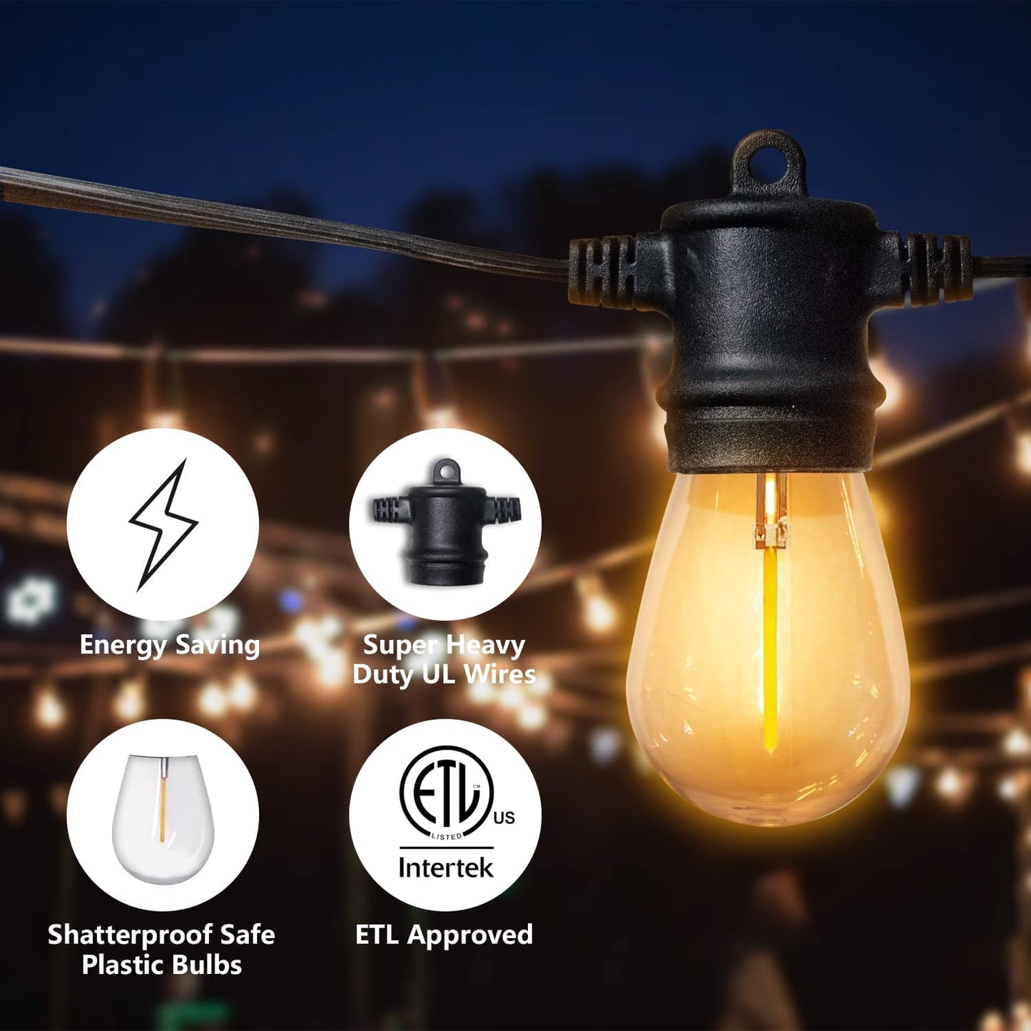 Outdoor String Lights, 48FT Patio Lights with 16 LED Shatterproof Bulbs for Outside, Backyard, Deck, Porch, Garden, Bistro, Cafe, Party-001