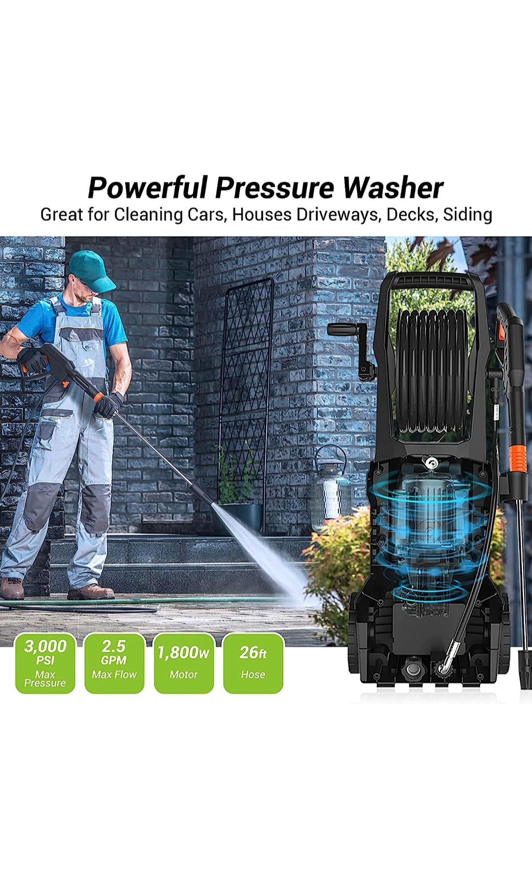 3000PSI Pressure Washer, 2.5GPM 1800W W/ Adjustable Spray Nozzle